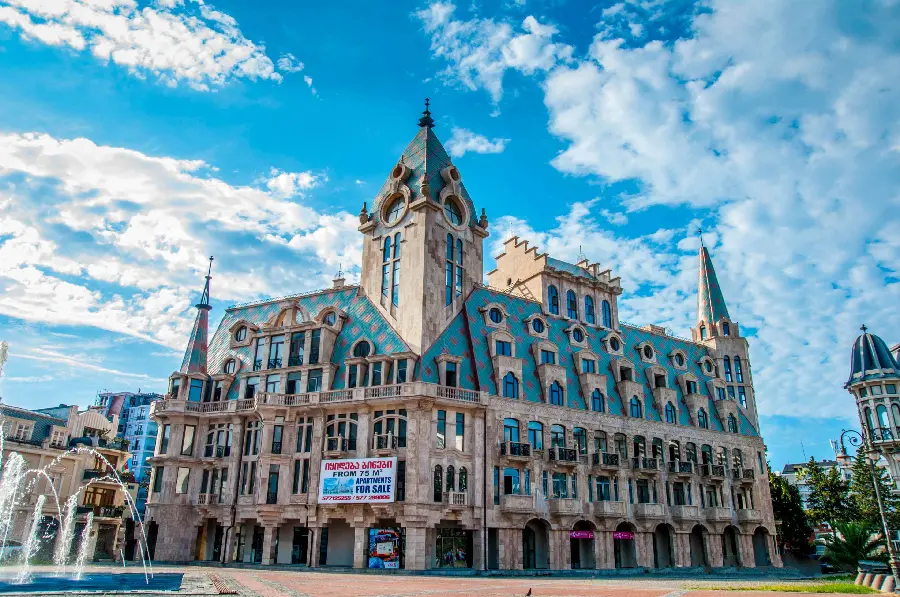 Full hd image of an interesting and large building in Armenia with a beautiful blue roof