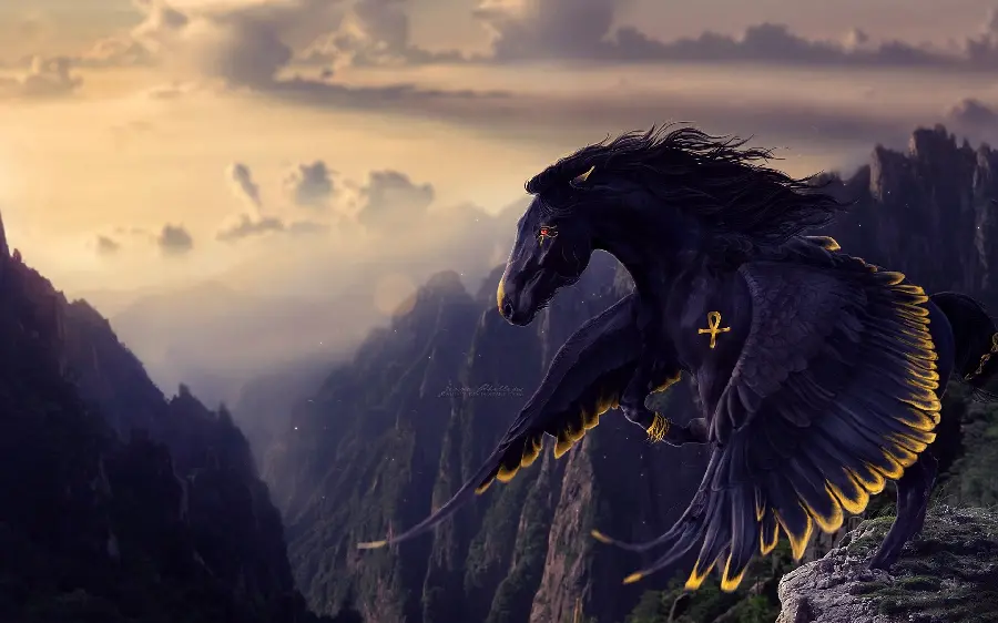 Artistic and fantasy background of an immortal winged horse, the myth of the faithful friend Bellerophon, suitable for fans of Greek myths