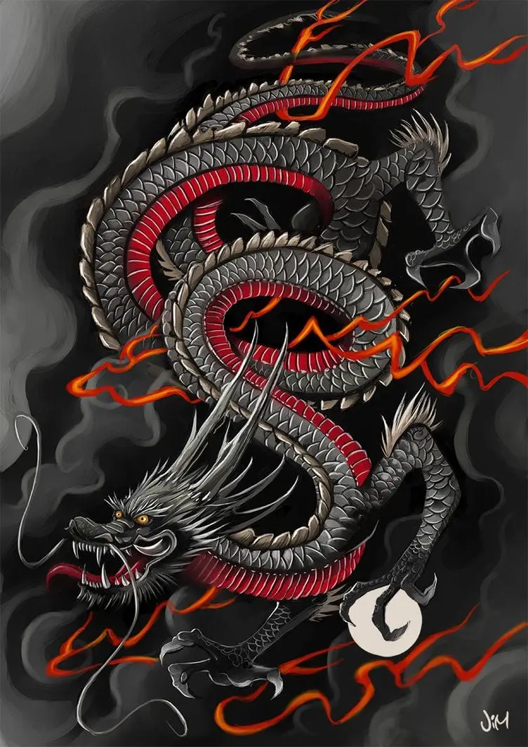 A super cool red and black poster with a Japanese dragon design