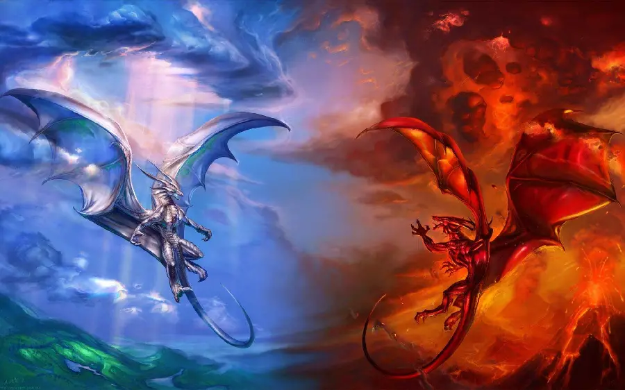 Interesting and beautiful background of two dragons with red and blue colors 