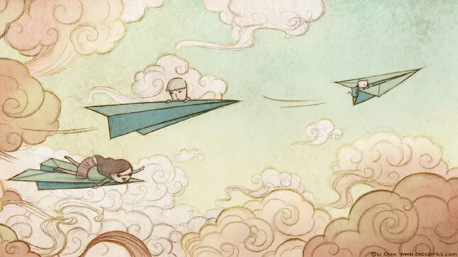 Drawing of sweet little children on paper planes in the air