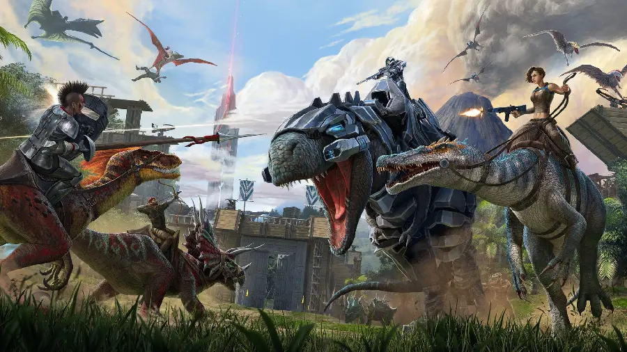 Fantasy picture of a war between humans by giant dinosaurs