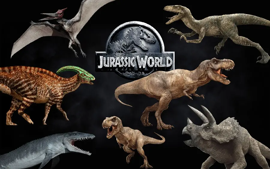 A science fiction movie cover of Jurassic World with a dinosaur theme in high quality