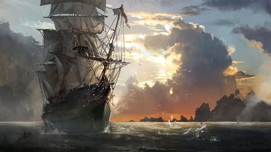 Background of a ship with white sails under a beautiful and dreamy sky