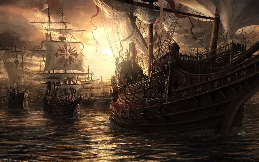 Background photo of wooden ships Sailing in the enchanting sunset of the sea