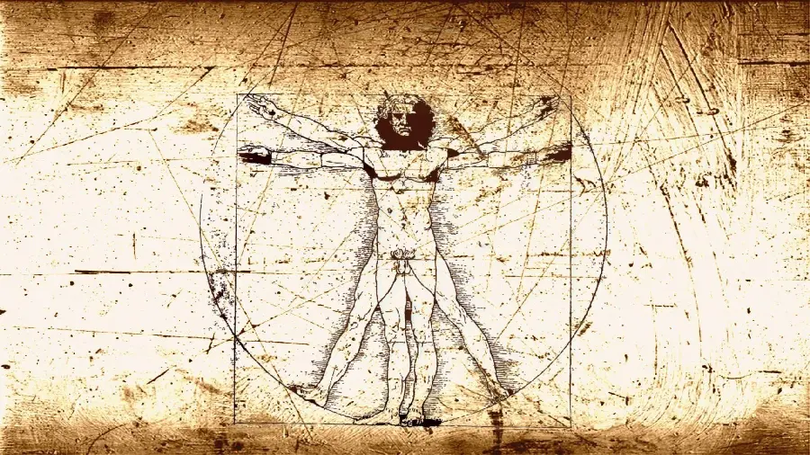 The Vitruvian Man by Leonardo da Vinci after Marcus Vitruvius, the prominent Roman architect