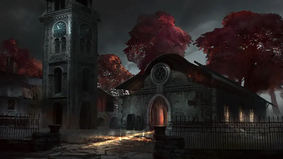 A very interesting and spectacular photo of a dark alley with interesting and beautiful houses 