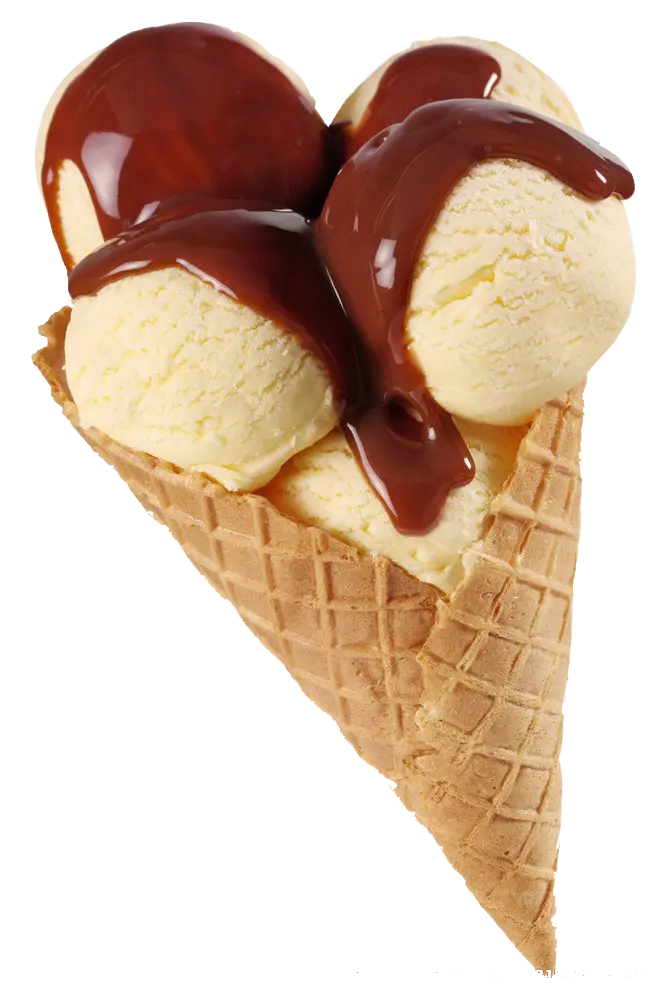Download photo of three scoops of milky cone ice cream with chocolate sauce 