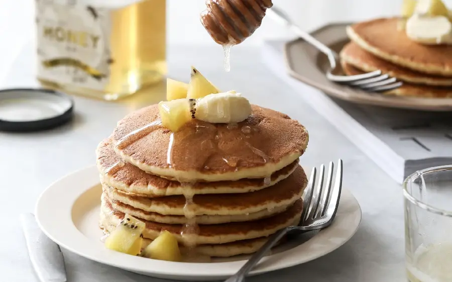 Download real photo of luxury breakfast mini pancakes combinationHoney and Banana 