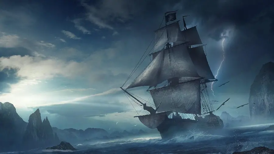 4k painting of a large sailing ship in lightning and storm as a profile