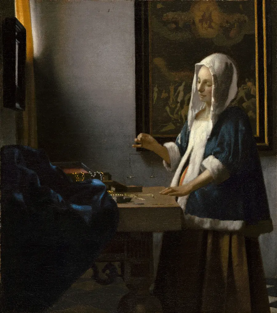 An artistic painting by the famous Dutch painter Johannes Vermeer entitled Woman with a Scales 