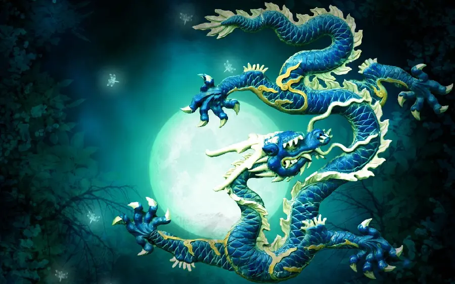 Enchanting Japanese Dragon Profile with Glowing Green Blue Theme