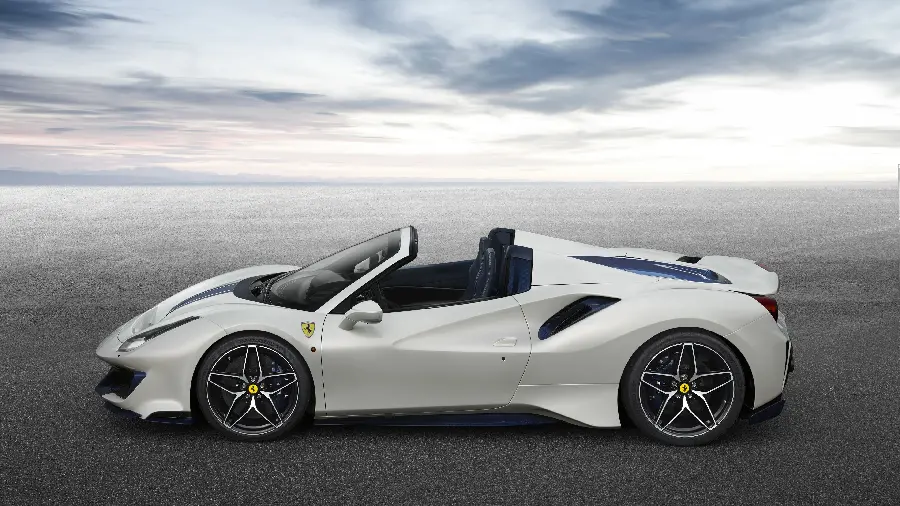 Beautiful white Ferrari 488 Pista Spider car poster from side angle