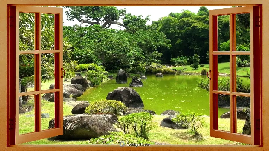 Photo for printing a painting from an old window facing Zen nature, relaxing scenery