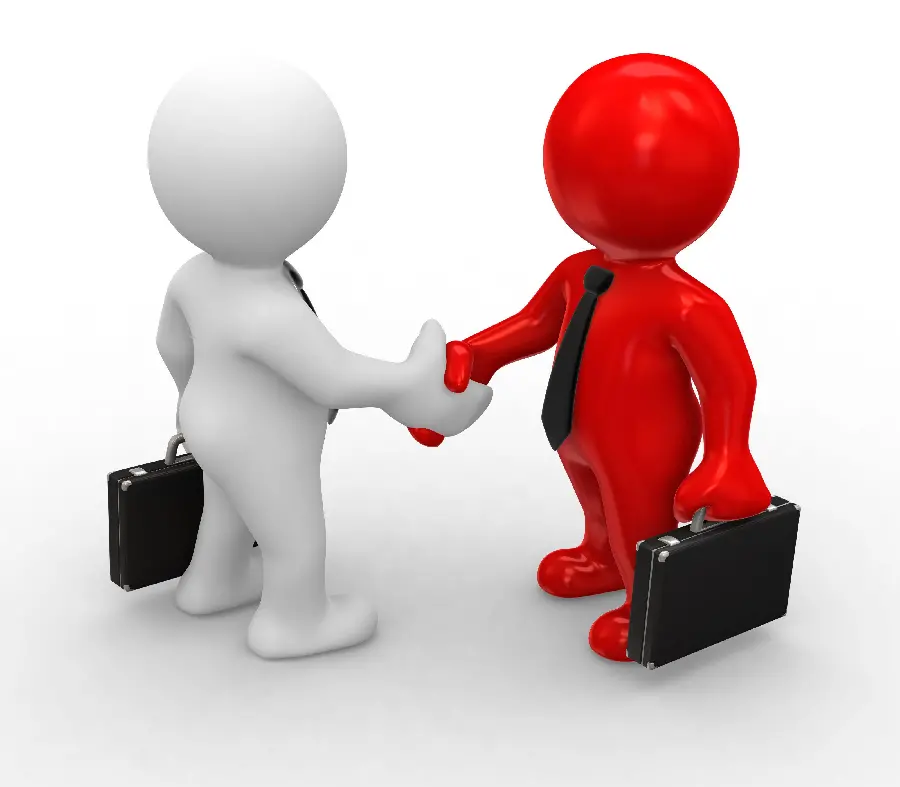 3D graphic design of 2 computer characters shaking hands 