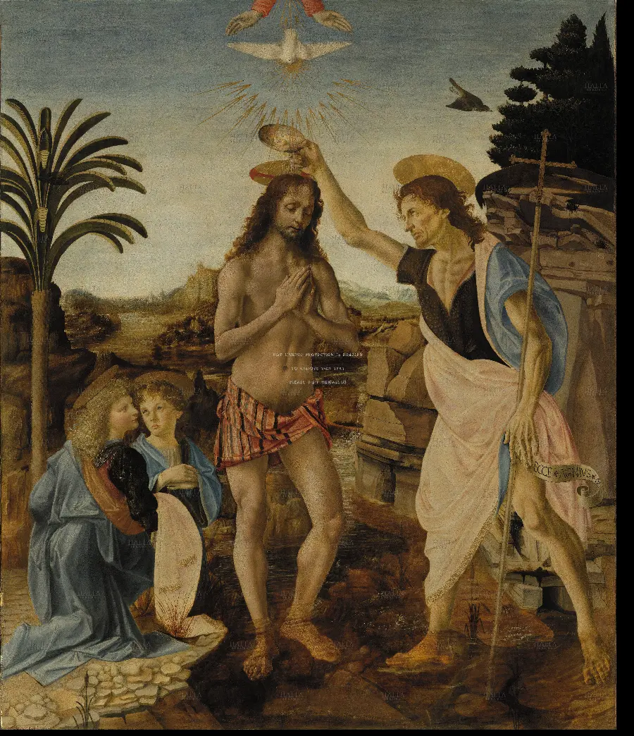The Baptism of Christ, a painting by Andrea del Verrocchio and Leonardo da Vinci