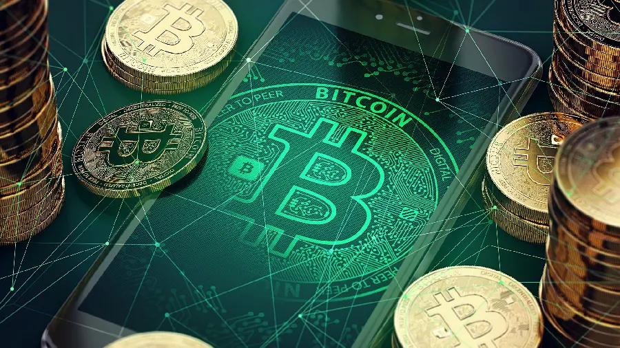 A cool and dumb background photo of coins and bitcoins with a green background