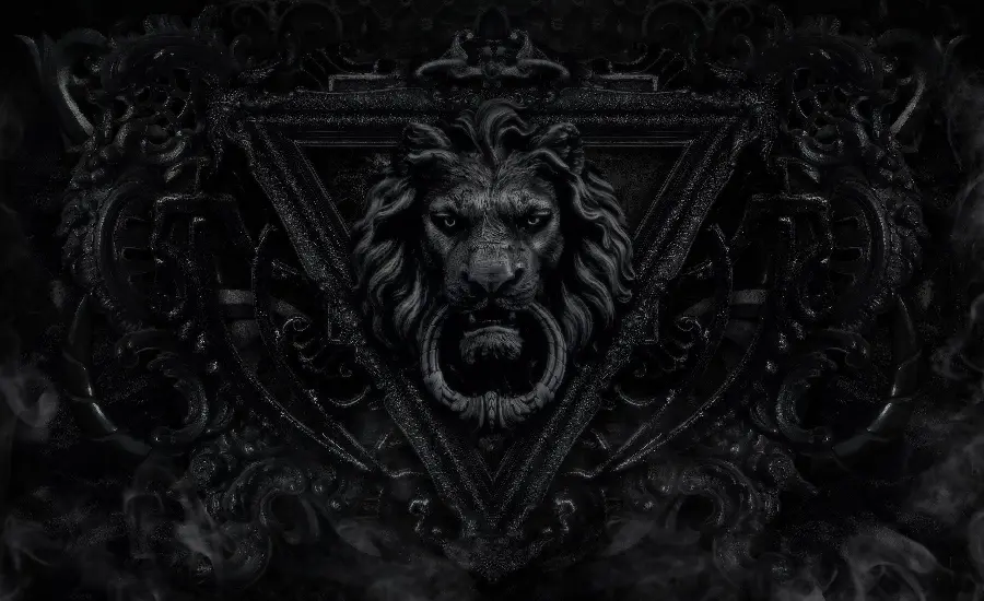 Interesting and spectacular dark background of a real lion, the king of the jungle, with a black background for your phone