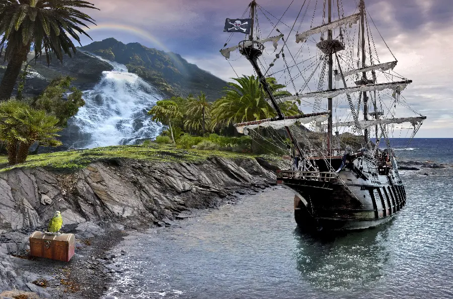 A lovely photo of a seascape with a powerful ship and a yellow parrot