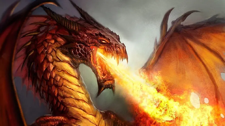 Wallpaper of fire and flames erupting from the mouth of a fiery dragon