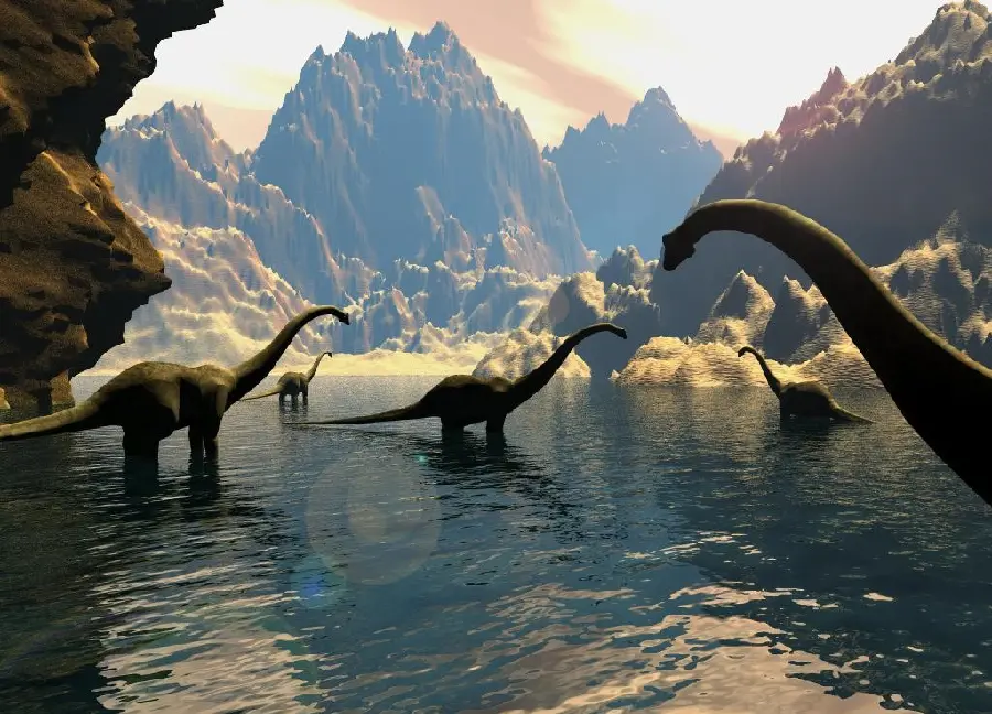 New image of large herbivorous dinosaurs with long necks in the lake