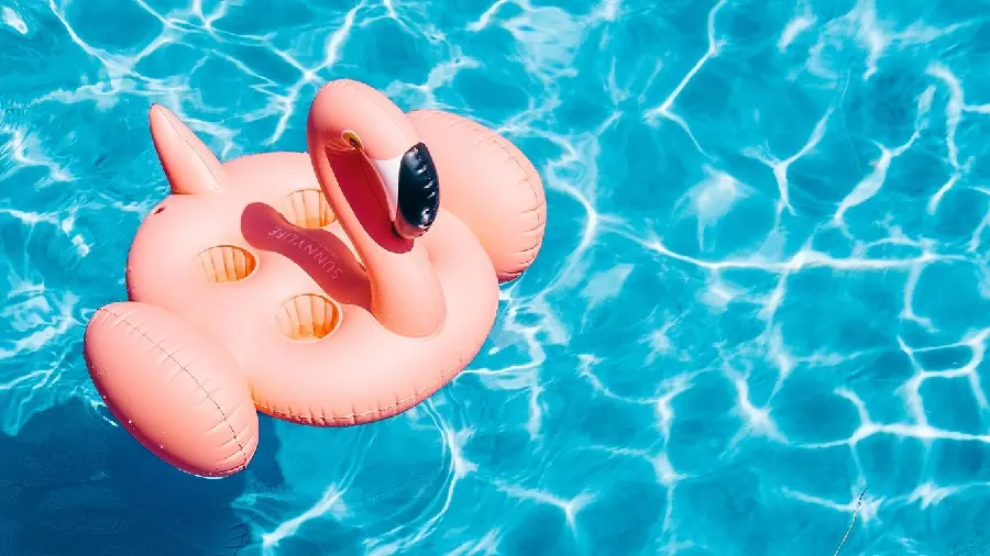 Suitable photo for a story of a blue pool and a pink flamingo tube