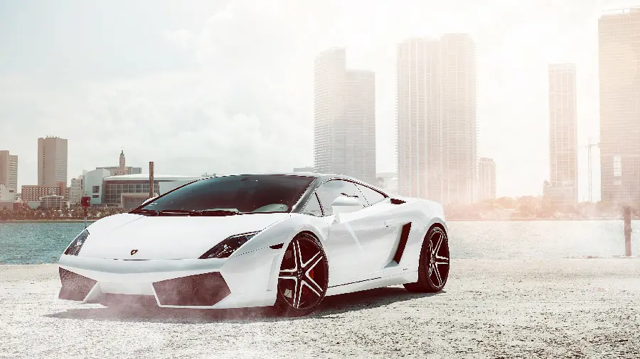 White Lamborghini background with pink rims with beautiful background