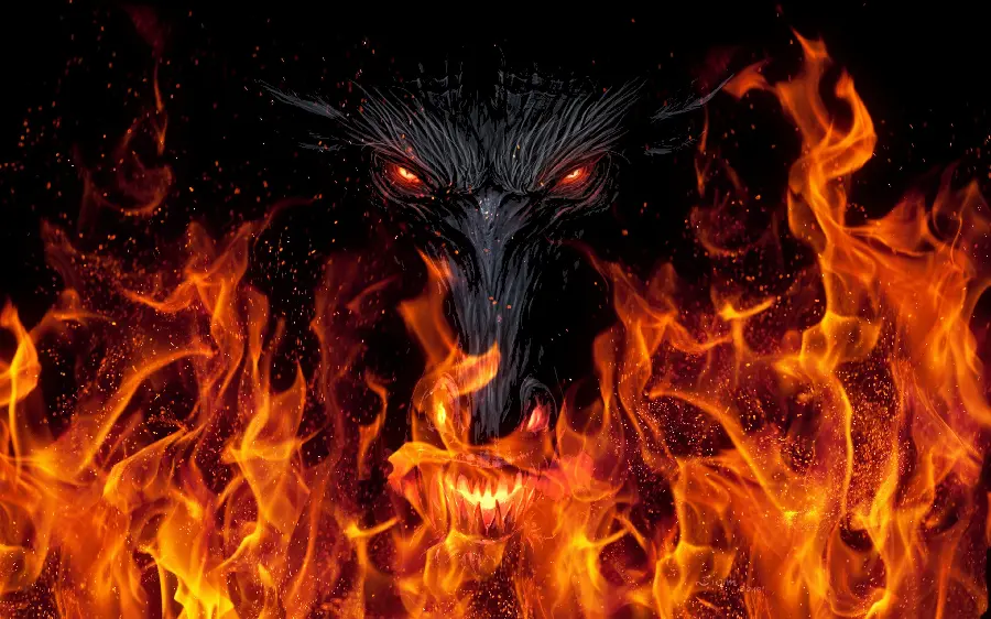 A terrifying and captivating image of a supernatural creature in the midst of fire