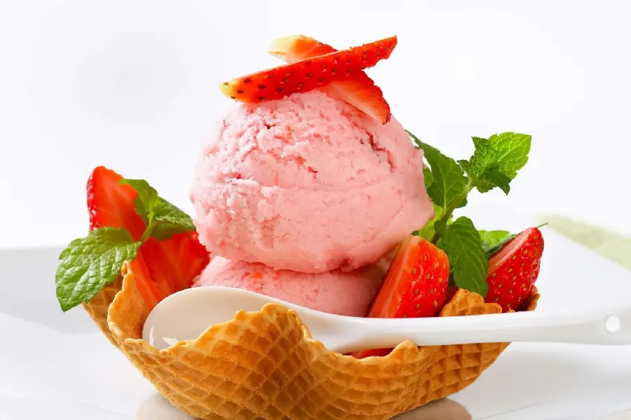 Download HD poster of sweet ice cream with mint leaves and strawberry decoration