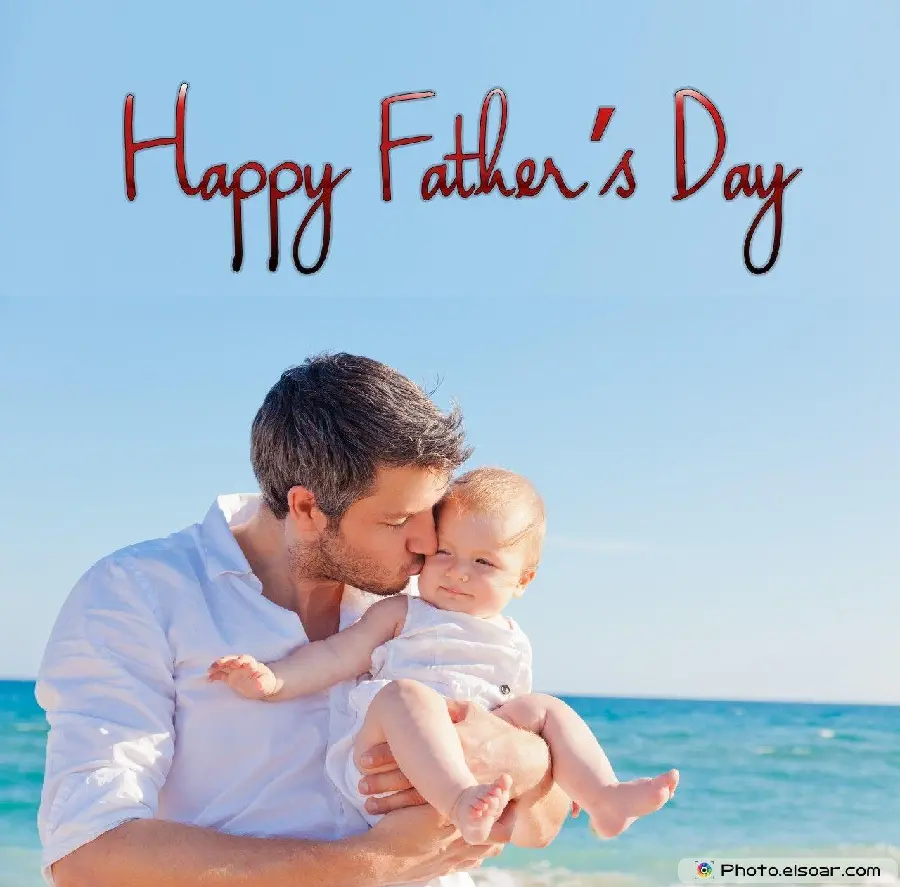 Father and little girl photo with sky and sea background for Father's Day greetings 