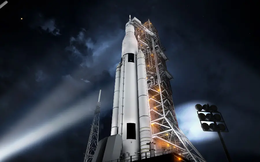 Special wallpaper of a space rocket in the dark of the night with lighting