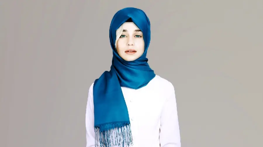 Simple picture of a beautiful white girl with colored eyes with a full hijab