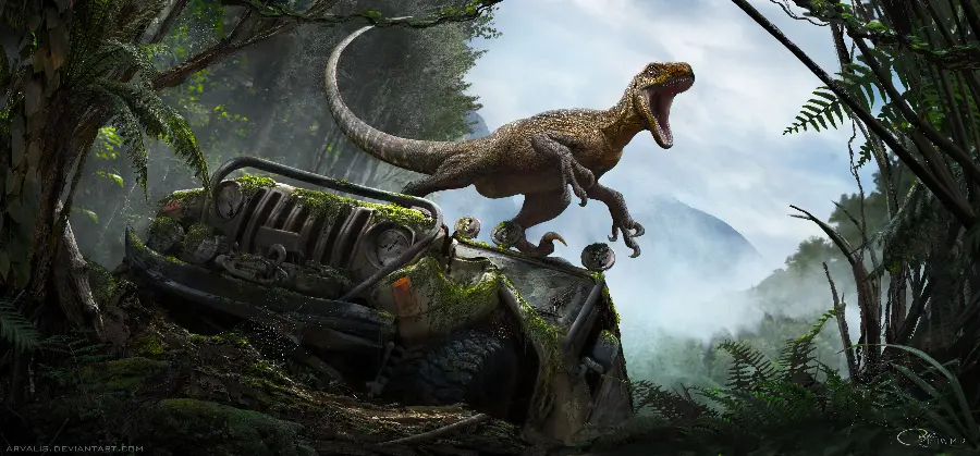 Unusual image of a T-Rex dinosaur on the roof of a modern car