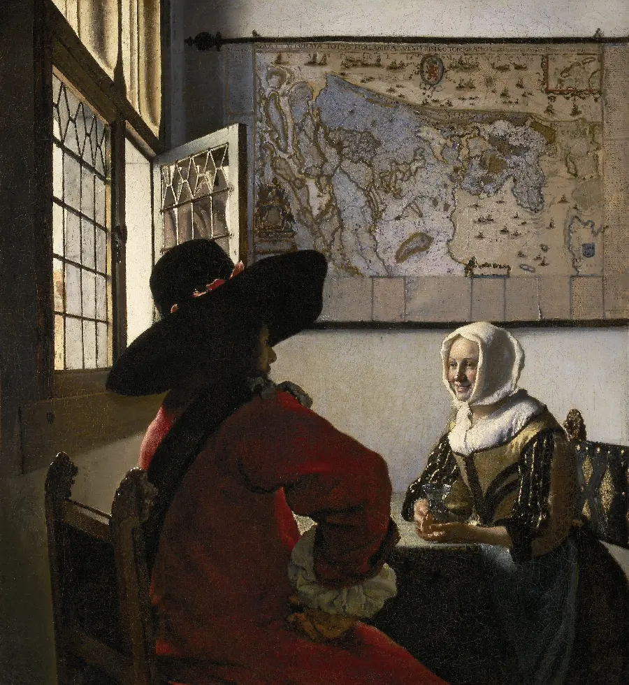 A charming painting of a soldier and a smiling girl by Dutch painter Johannes Vermeer