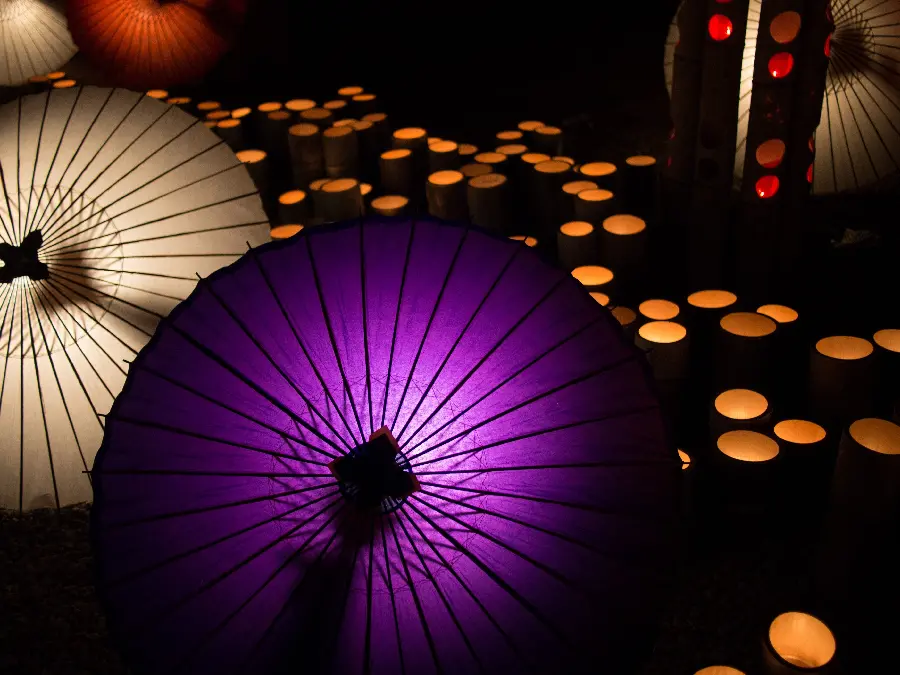 High quality and pixelated wallpaper of colorful Japanese umbrellas on a dreamy background
