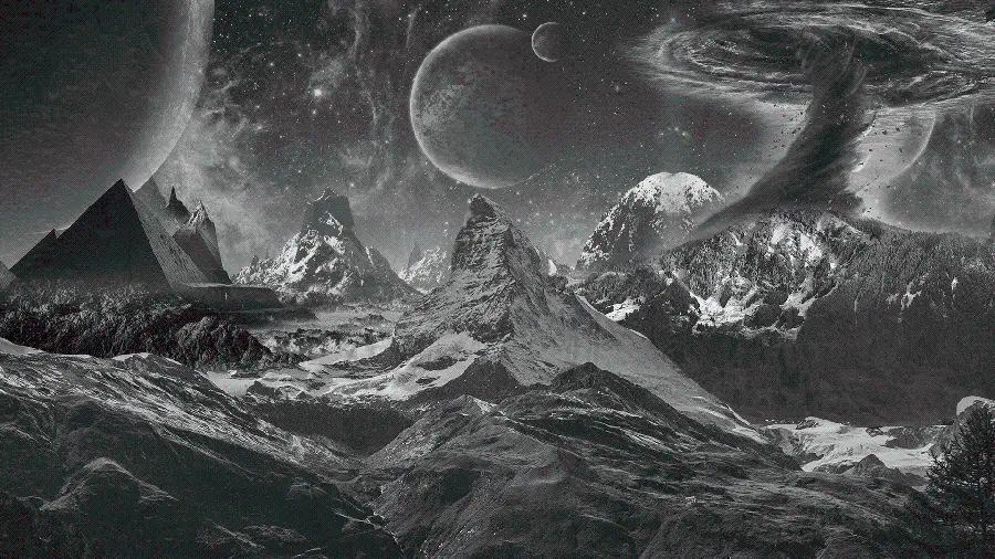 Digital photo of mountain and sky landscape dark surreal style in black and white