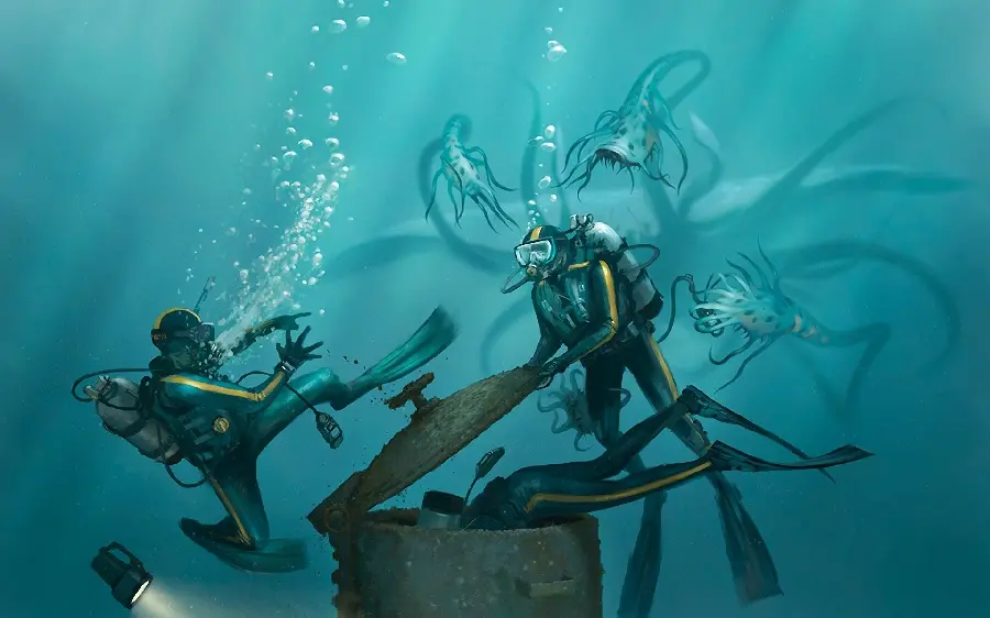 Special and interesting wallpaper with a divers' battle design under the sea
