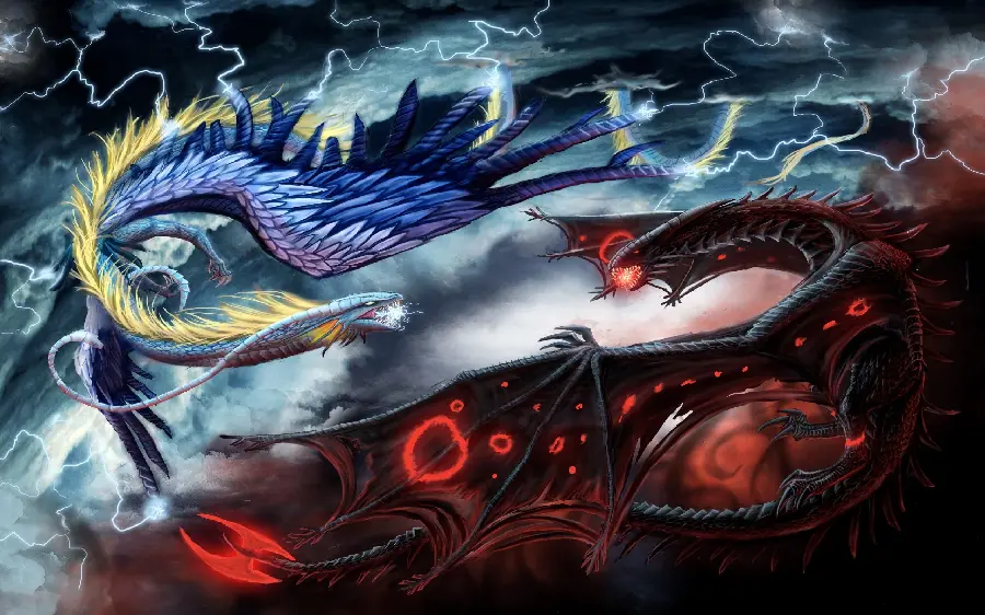 Battle scene and war and fight between good dragon and bad dragon 
