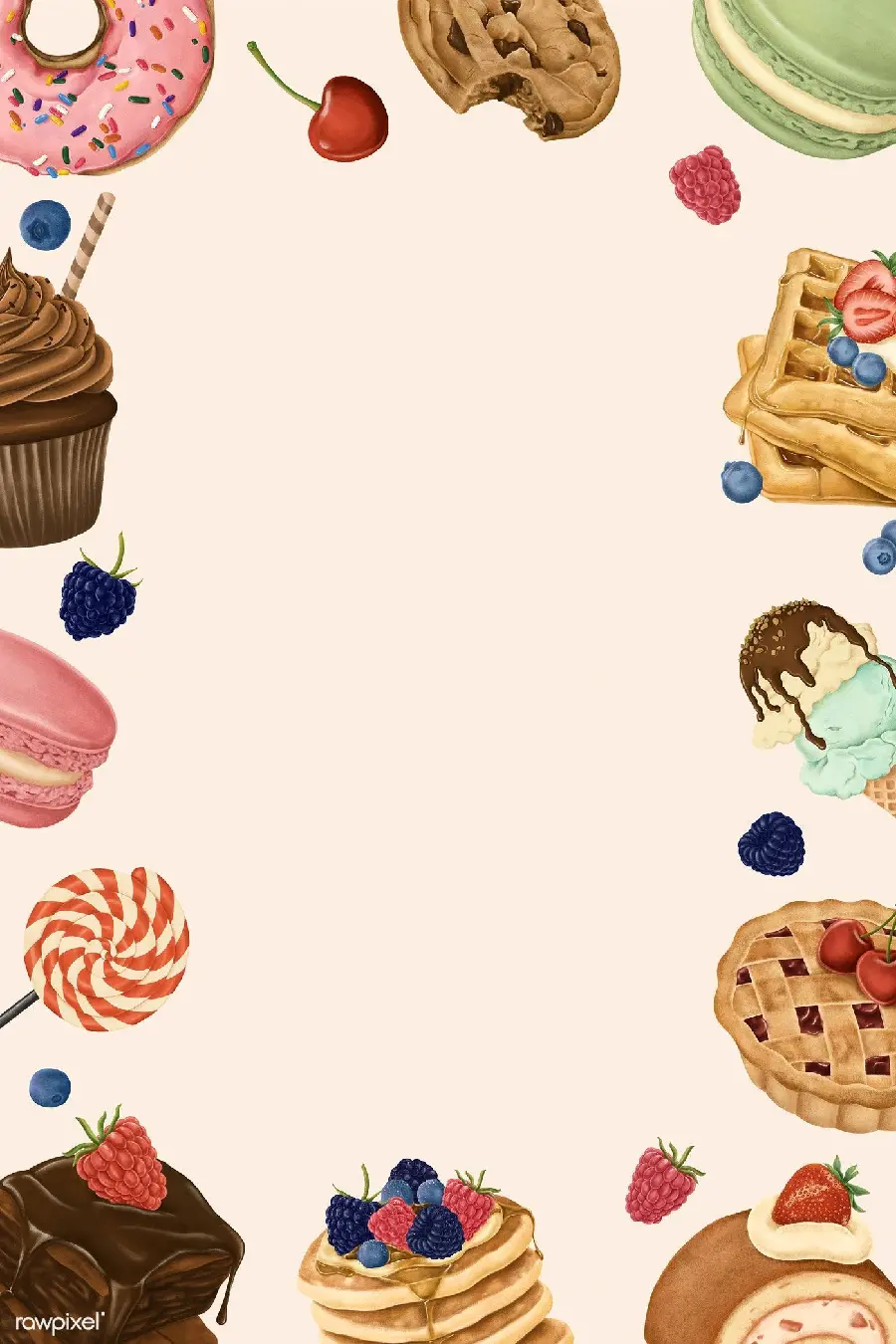 Download simple wallpaper with a frame of delicious cake and pastry design graphics for writing text and PowerPoint covers and highlight stories