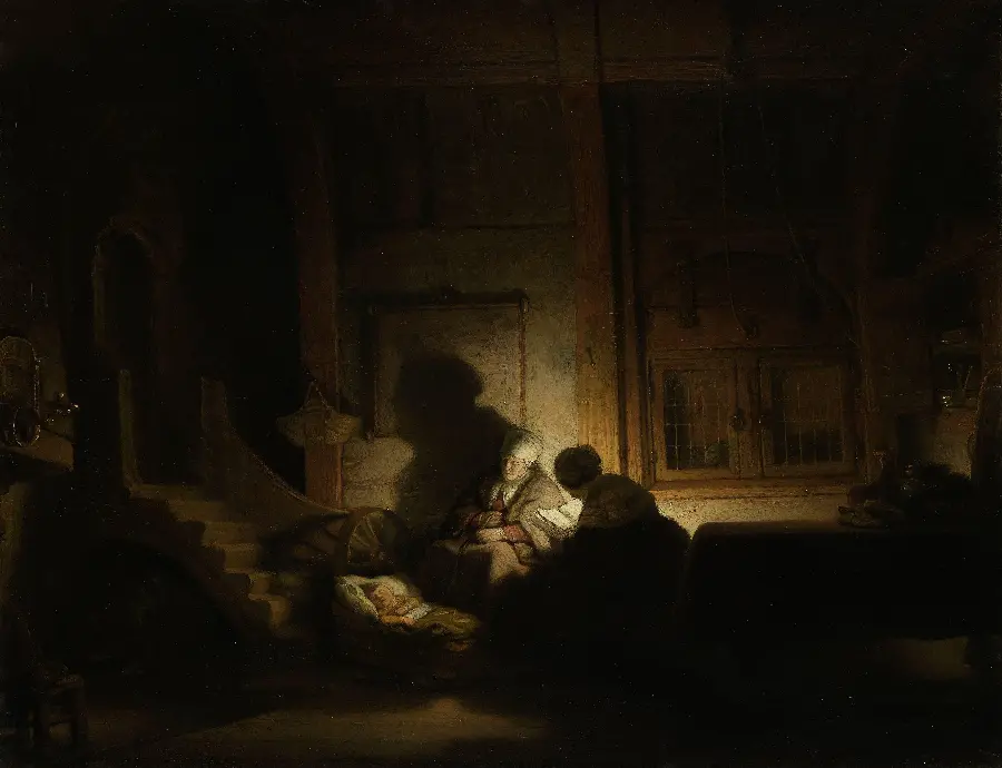 Photo of the beautiful painting by Rembrandt called The Holy Family at Night