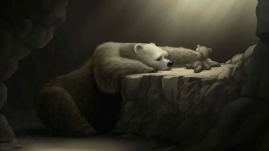 Sad and upset bear profile picture with black background 