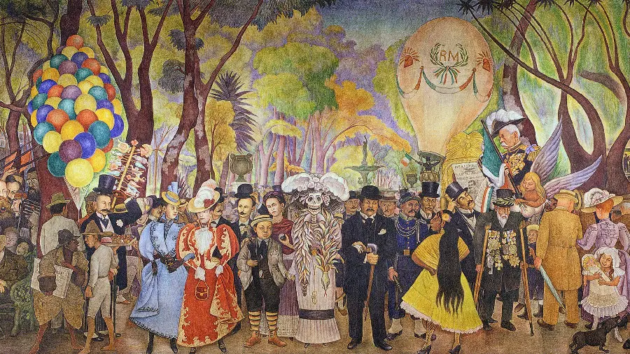Full photo of Diego Rivera's mural called Dream of a Sunday Afternoon in Alameda Park