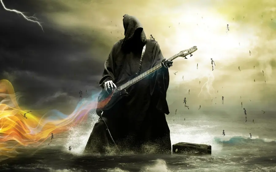 A dark picture of the angel of death on the water with a black robe