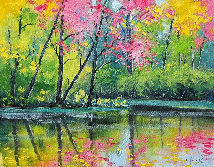 Download a stock photo of a painting of a lush and colorful forest 