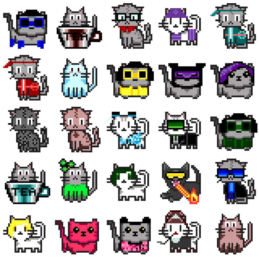 Digital and computer painting of a collection of cute and funny cats