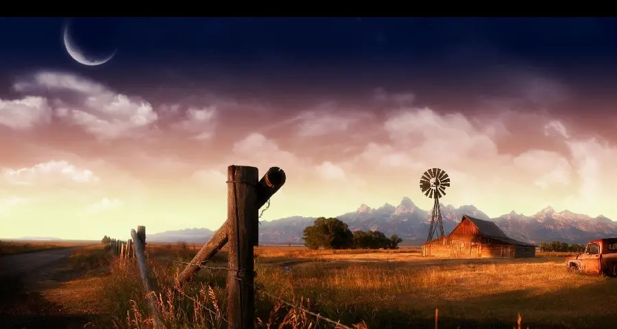 High quality photo of a barn and a wooden cottage
