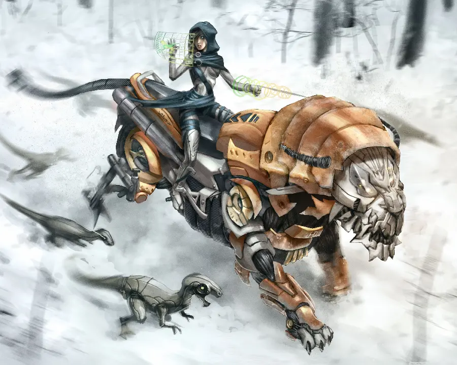 Download photo of a mechanical fantasy dragon made of metal parts in the snow 