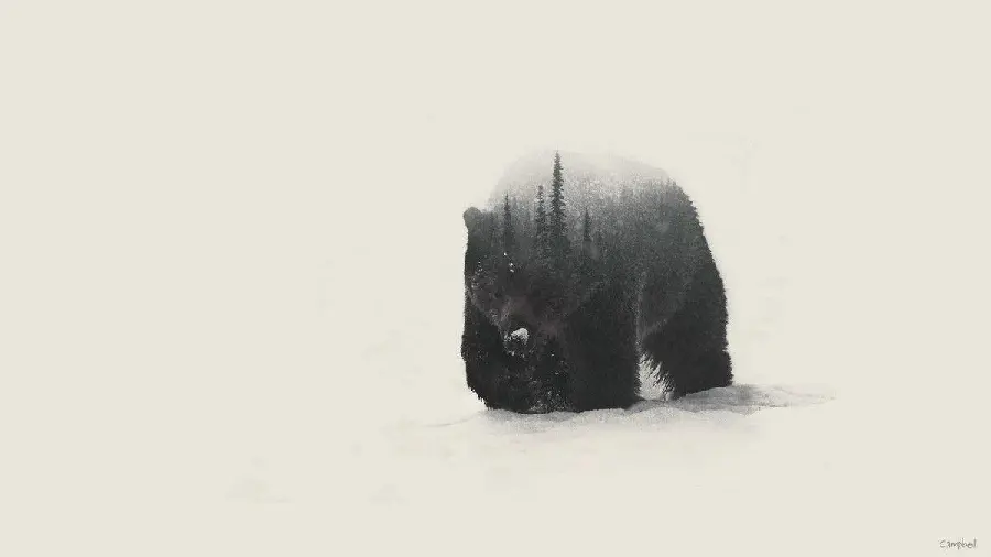 Forest wallpaper designed in the body of a bear in a minimalist style