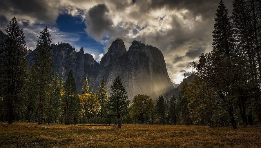 A spectacular image of mountainous and forest nature with gloomy cloudy weather 