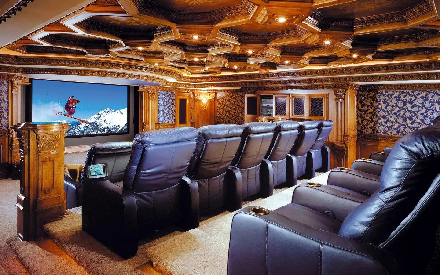 3D Luxury Cinema Wallpaper with Black Leather Seats